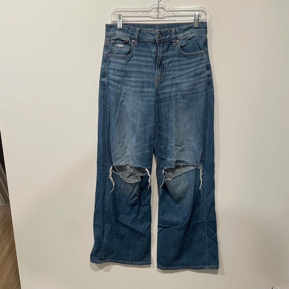 American Eagle Super High-Rise Baggy Wide Leg Jeans Distressed Size 2 S 29x28